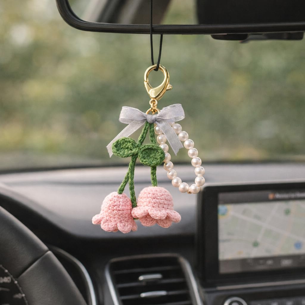 Handmade Crochet Cherry Keychain with Pearl Loop & Gold Clasp | Cute Pink Yarn Bag Charm for Girls & Women | Aesthetic Bike Key & School Bag Accessory