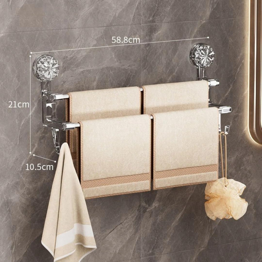 REWOP No-Drill Towel Rack for Bathroom, Towel Holder in Bathroom, Wall Mounted Bathroom Towel Rack – Suction Cup Double Rod Wall Shelf for Towels & Clothes (23 Inch)