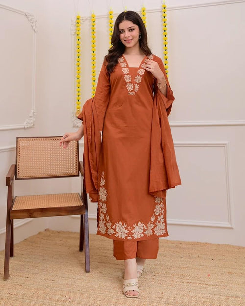 ANNI DESIGNER Women's Rayon Viscose Straight Embroidery Kurta with Pant & Dupatta (FULKUMARI RUST_XL_RUST_X-Large)
