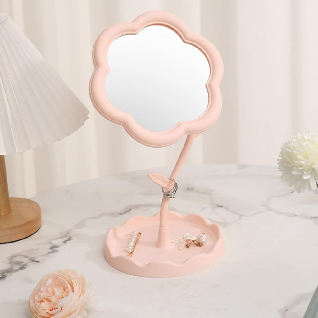 CALFHEAD Flower-Shaped Makeup Mirror, Rotatable Makeup Mirror with Tray Table Vanity Mirror Cute Flower-Shaped Mirror for Tabletop, Bedroom, Bathroom, Living Room(29L*16W)