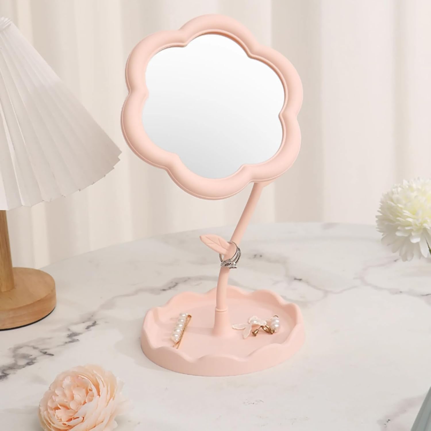 CALFHEAD Flower-Shaped Makeup Mirror, Rotatable Makeup Mirror with Tray Table Vanity Mirror Cute Flower-Shaped Mirror for Tabletop, Bedroom, Bathroom, Living Room(29L*16W)