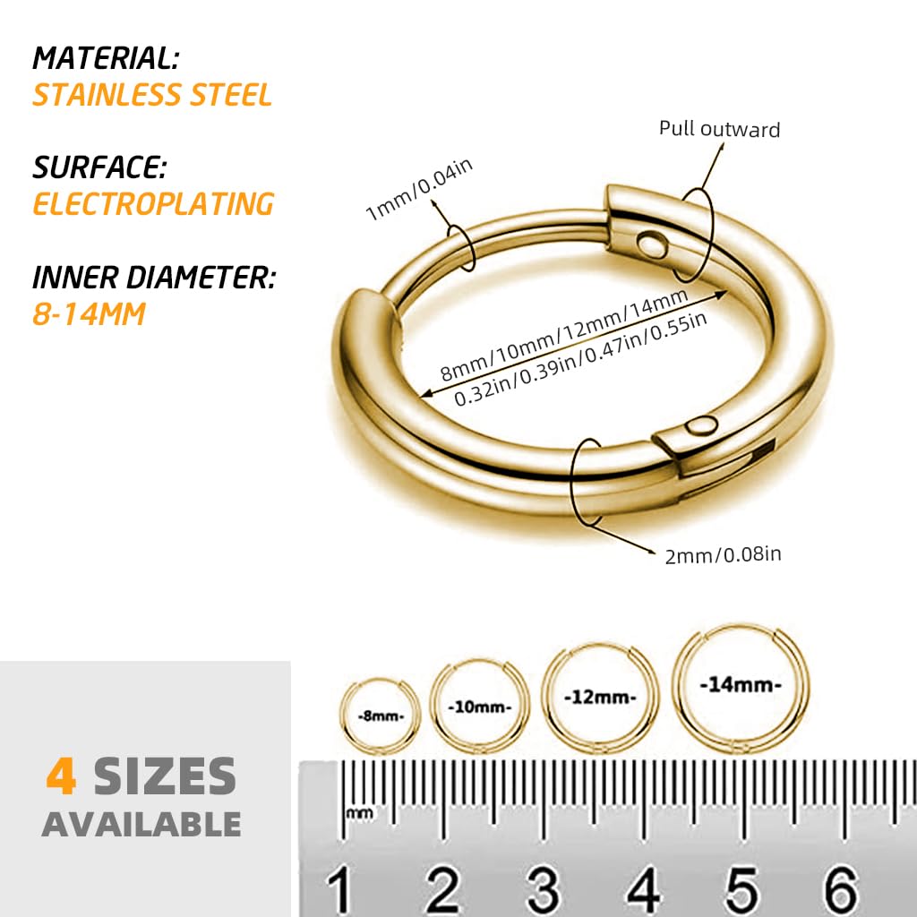 SANNIDHI® 4 Pairs Hoops Earrings for Women Men Stylish Gold Stainless Steel Hoop Earrings 8mm/10mm/12mm/14mm Hoop Ear Rings Fashion Couple Jewellery Earrings set Birthday Gift for Men Women Girls