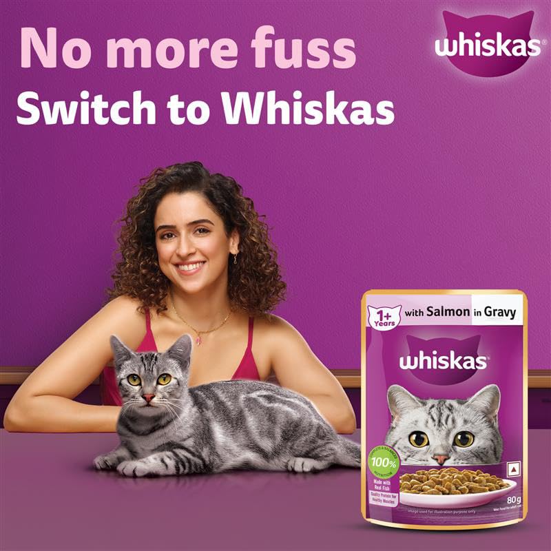 Whiskas Adult (1+ Years) Wet Cat Food, Salmon in Gravy, 80 g (Pack of 14), Hydrating Food Made With Real Fish, 100% Complete & Balanced Nutrition for Adult Cats