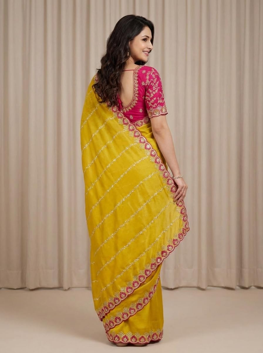 ORHANS Women's Georgette Ethnic Motifs Embroidered Georgette Heavy Work Saree | Heavy Work Wedding Saree | Pure Silk Sari | Fashionable Sarees_Yellow