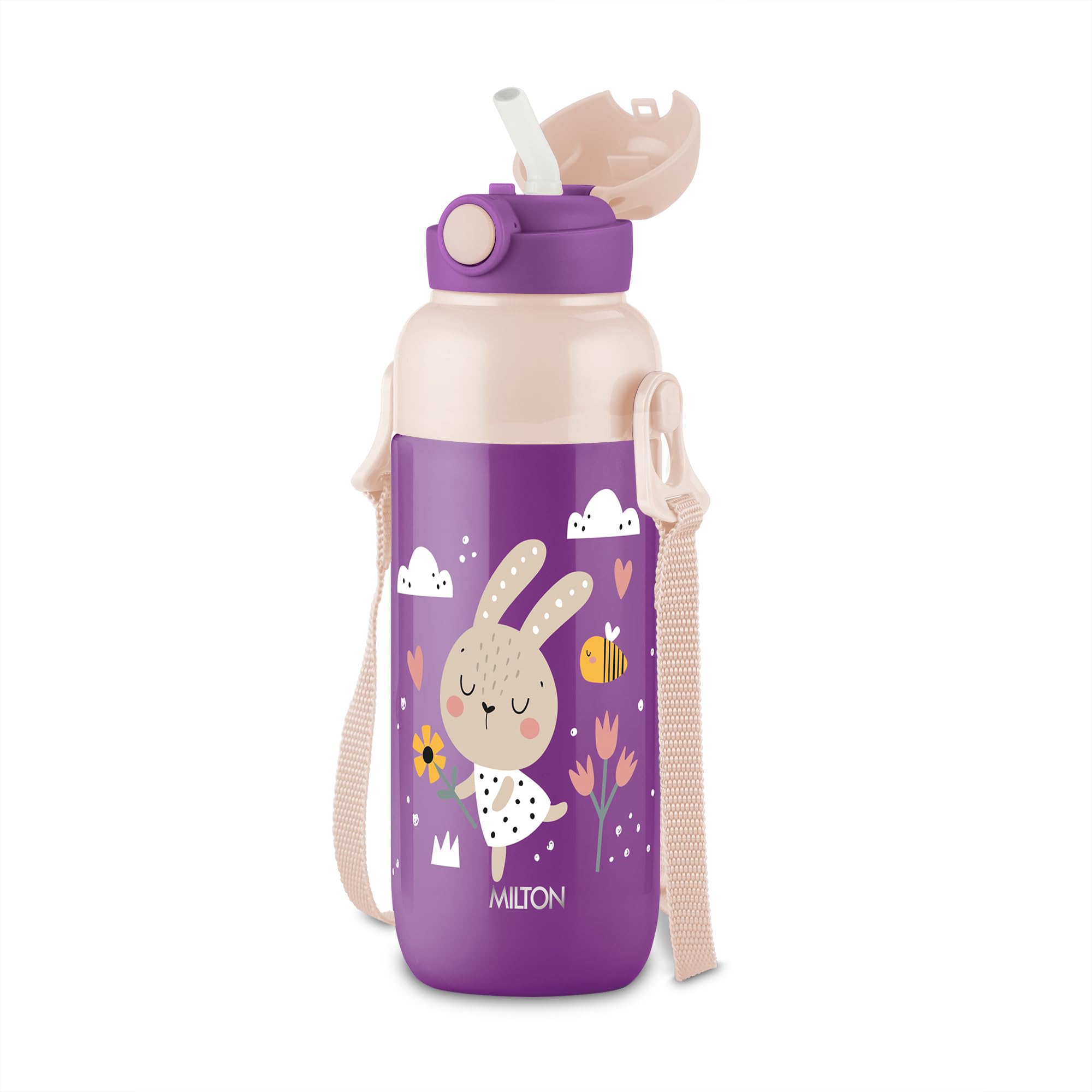 Milton Steel Indus 400 Thermoware PU Insulated, 390 ml Water Bottle with Straw for Kids, Leak Proof Flip Top Sipper Lid Bottle, School, Picnic, Easy to Carry Belt, Purple