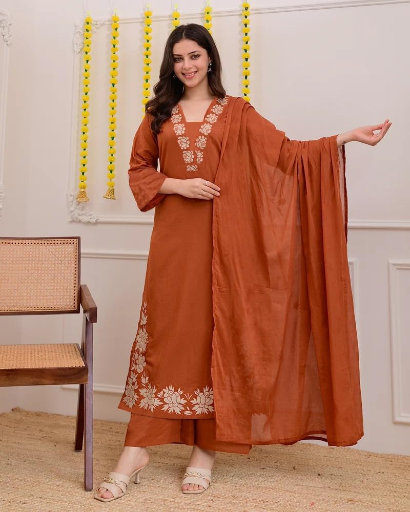 ANNI DESIGNER Women's Rayon Viscose Straight Embroidery Kurta with Pant & Dupatta (FULKUMARI RUST_XL_RUST_X-Large)