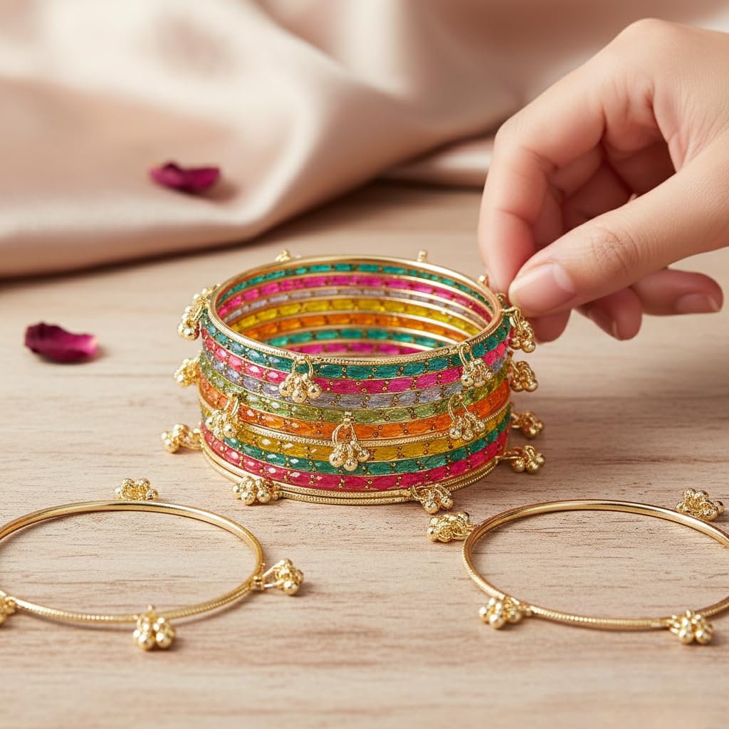 KAYASHA Light multi Kashmiri Ghangharoo Glass Bangle Set for Women| Light Weight Bangles | Traditional Transparent Fancy Glass Chudi Set for Wedding, Party| set of 16
