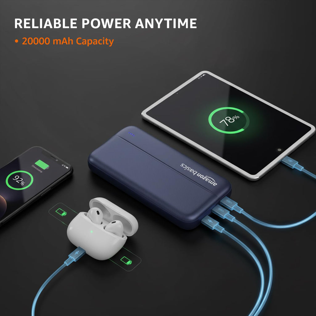 Amazon Basics 20000 mAh Power Bank | 22.5W Fast Charging | Dual Output & Input | Charge 3 Devices Simultaneously | for Smartphones, TWS Earbuds, Speakers, Tablets (Dark Blue)