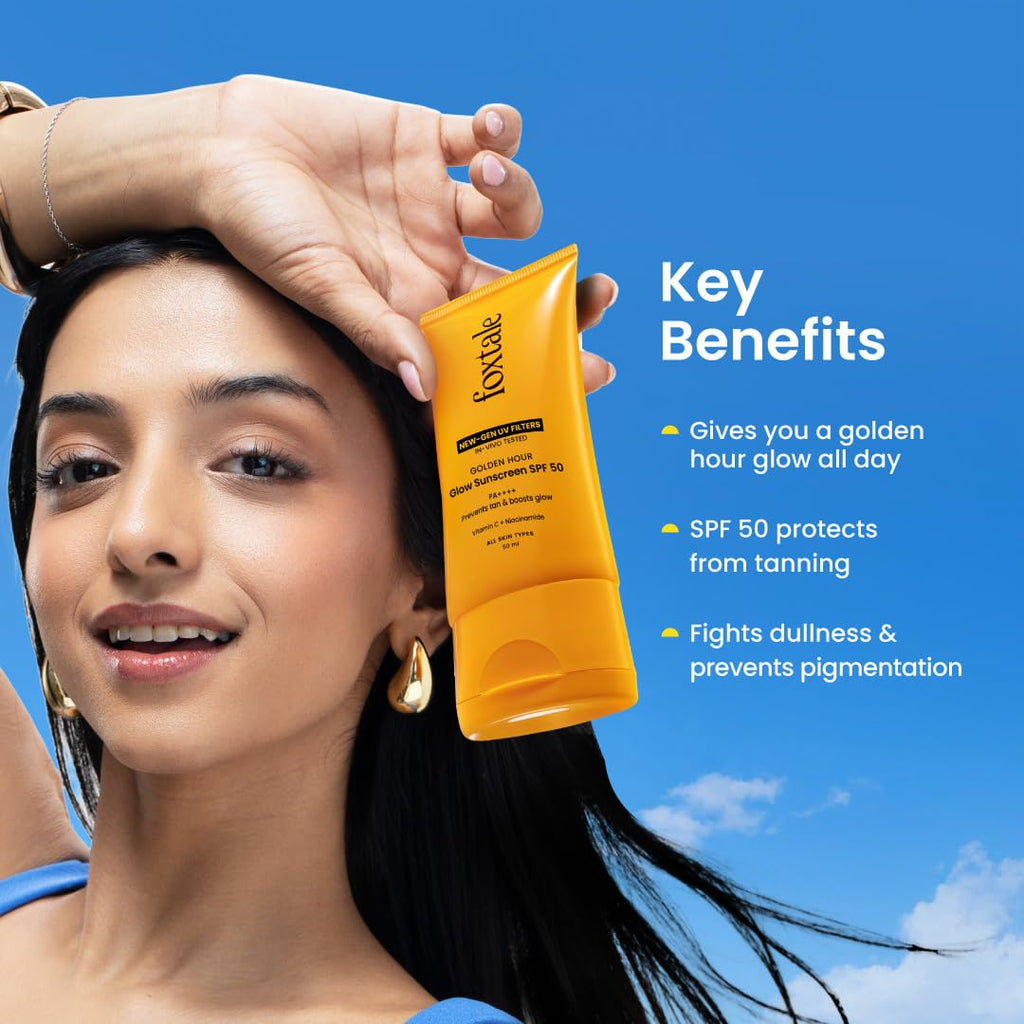 Foxtale Glow Sunscreen SPF 50 PA++++ with Vitamin C & Niacinamide, In-Vivo Tested, Sensitive-Skin Friendly, Made with 100% New-Gen Filters, Lightweight, Non-Greasy, No White Cast |For Men & Women 50ml