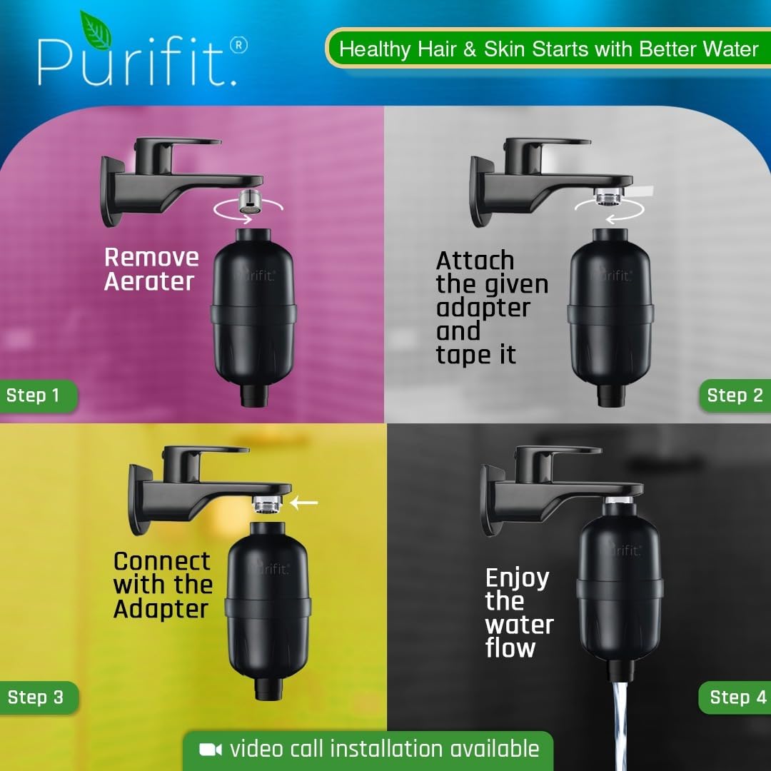 Purifit Ultra Hard Water Filter for Tap and Shower | Water Softener for Bathroom | Reduce Hairfall | Removes Dirt | Matte Black Finish