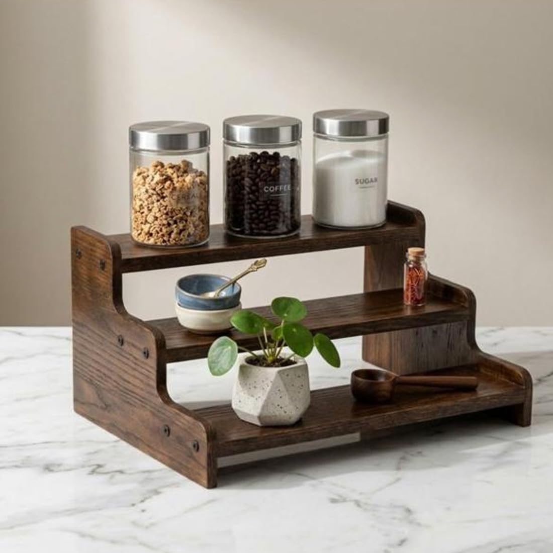 3 Tier Wooden Kitchen Organizer Rack for Countertop | Wooden Spice Rack Stand for Kitchen Counter | Kitchen Shelf Organizer & Cabinet Shelf Riser | Decorative Masala Rack Storage Stand | Dark Brown