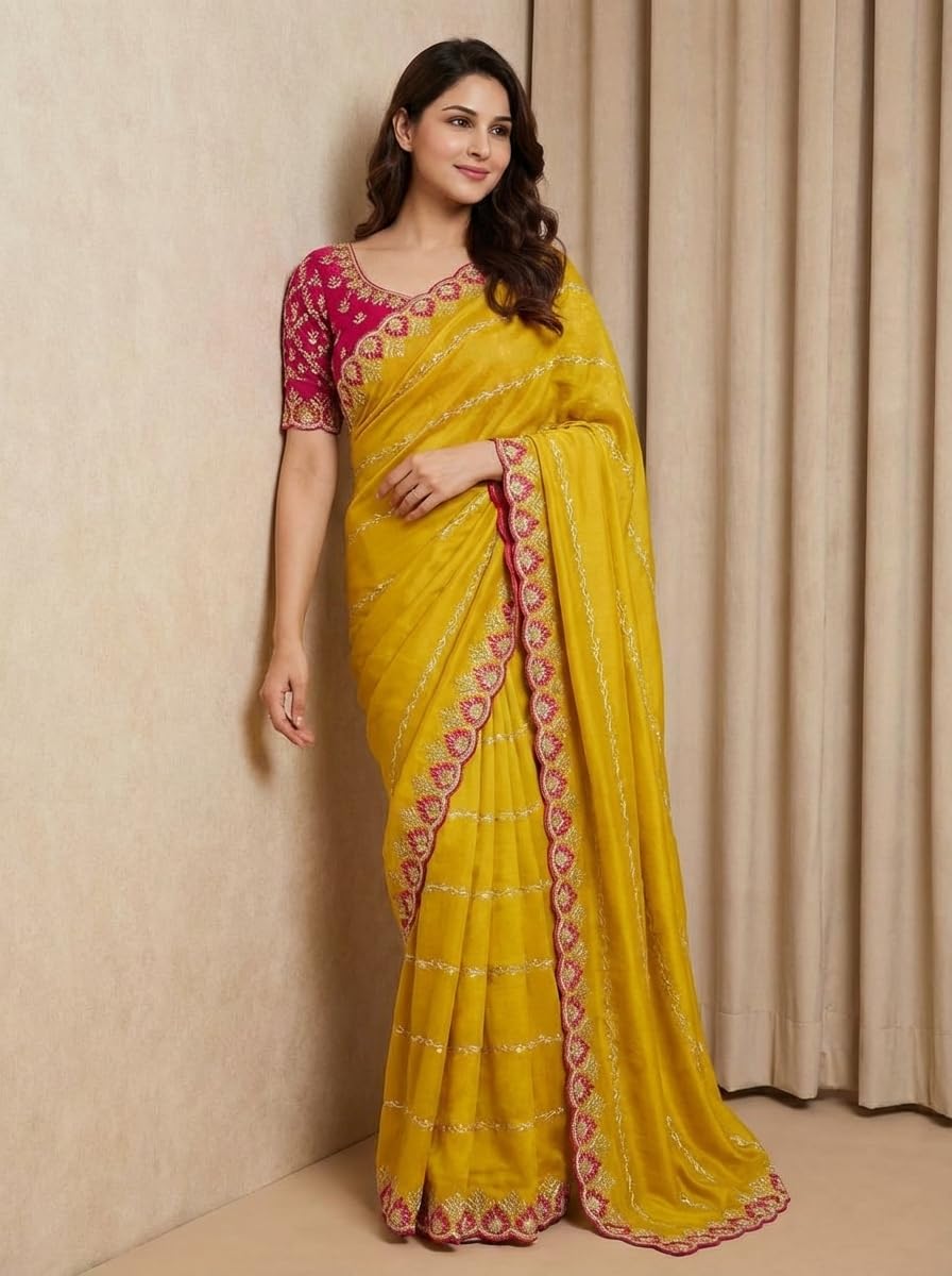 ORHANS Women's Georgette Ethnic Motifs Embroidered Georgette Heavy Work Saree | Heavy Work Wedding Saree | Pure Silk Sari | Fashionable Sarees_Yellow