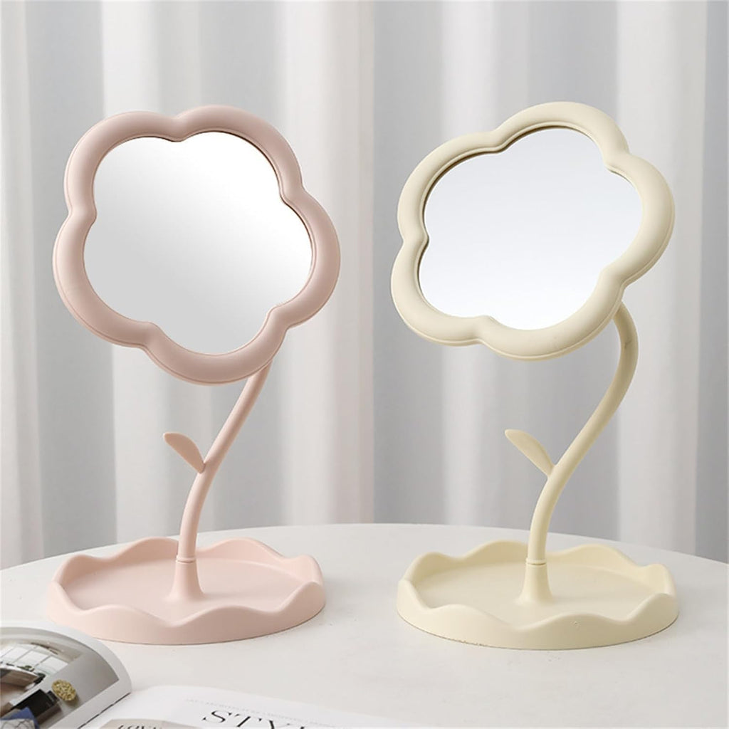 CALFHEAD Flower-Shaped Makeup Mirror, Rotatable Makeup Mirror with Tray Table Vanity Mirror Cute Flower-Shaped Mirror for Tabletop, Bedroom, Bathroom, Living Room(29L*16W)
