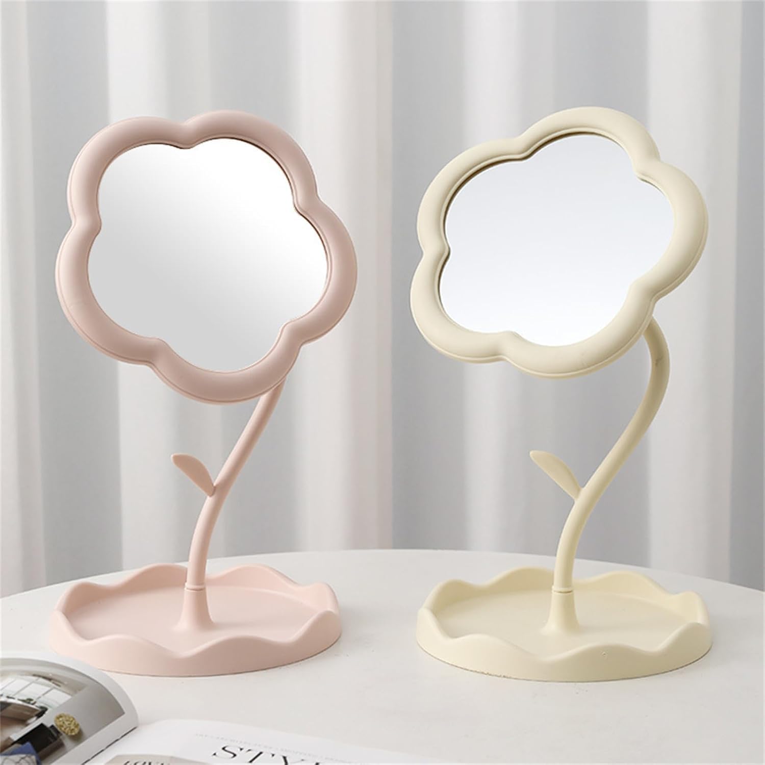 CALFHEAD Flower-Shaped Makeup Mirror, Rotatable Makeup Mirror with Tray Table Vanity Mirror Cute Flower-Shaped Mirror for Tabletop, Bedroom, Bathroom, Living Room(29L*16W)
