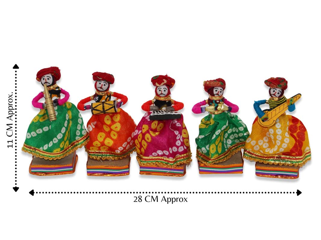 JH Gallery Recycled Material Rajasthani Home Decor Items Musician Bawla Puppets Idol Show Pieces for Home Decor 11 X 28 Cm Multicolor, 5 Pieces (Male Puppets)