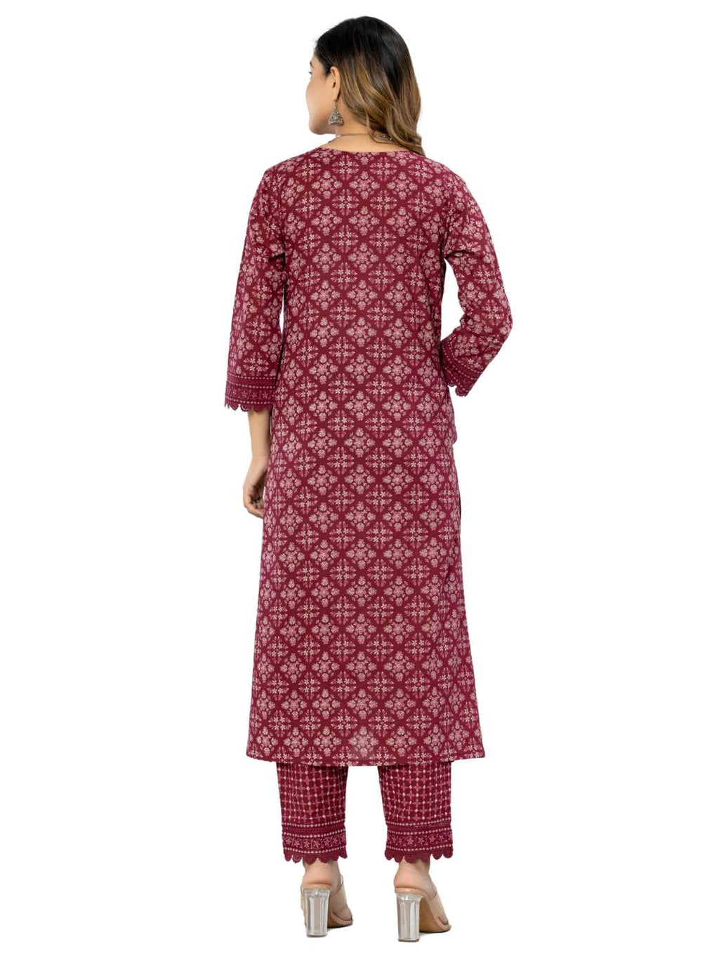 Amayra Women's Cotton Printed Straight Kurta with Pant and Dupatta Set(TCK559,Maroon,3XL)