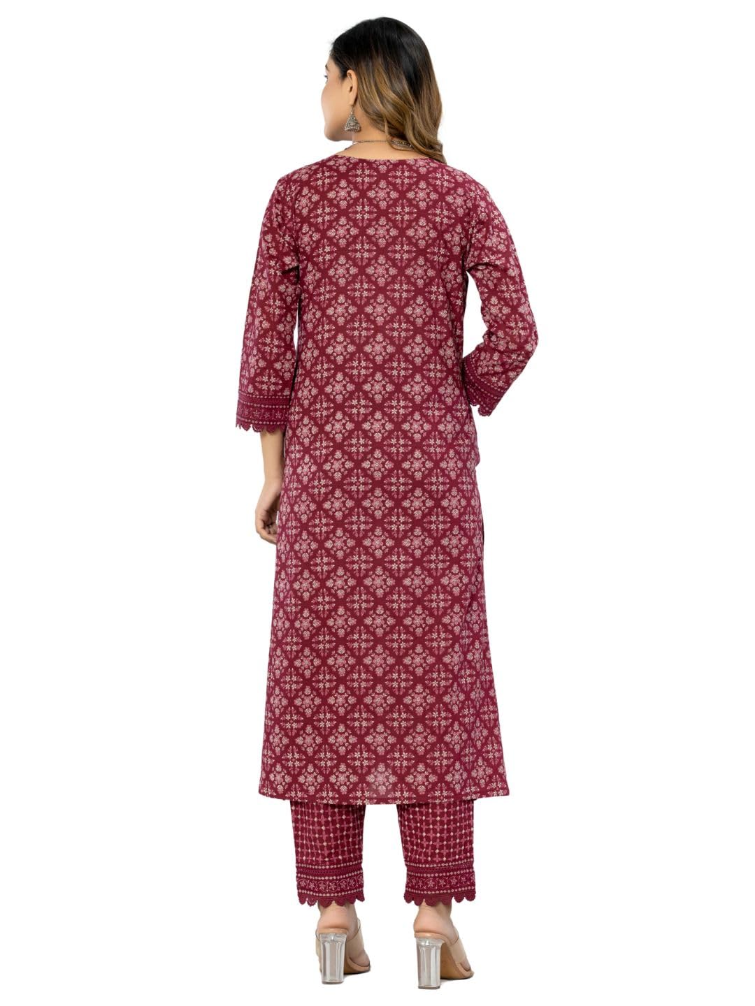 Amayra Women's Cotton Printed Straight Kurta with Pant and Dupatta Set(TCK559,Maroon,3XL)