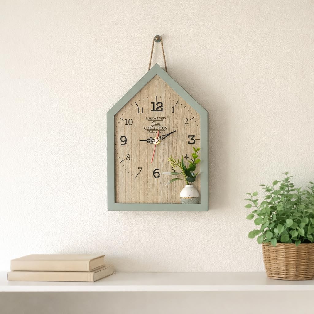 CraftVatika Wooden House Shape Wall Clock for Home Decoration | Decorative Analog Wall Clock with Mini Flower Vase | Modern Wooden Clock for Living Room Bedroom Office Interior