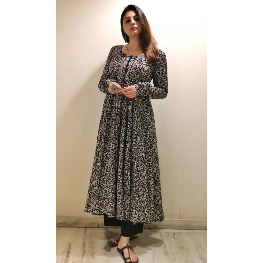 Nermosa Women Printed Anarkali Kurta and Pant Set with Dupatta | Printed Kurta Set | Cotton Suit | Women Kurta Sets | (IN, Alpha, XL, Standard, Black)