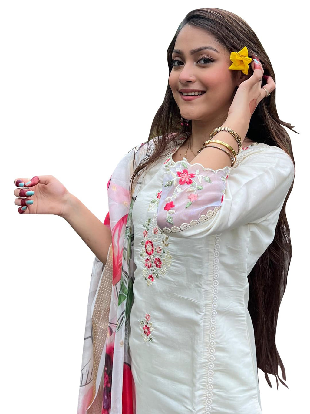VredeVogel Kurta Set with Dupatta | Viscose Roman Silk Embroidered Kurta Set for Women | Women's Ethnic Casual Straight Fit Kurti Set |Kurta Pant Festive Suit (White_Small)