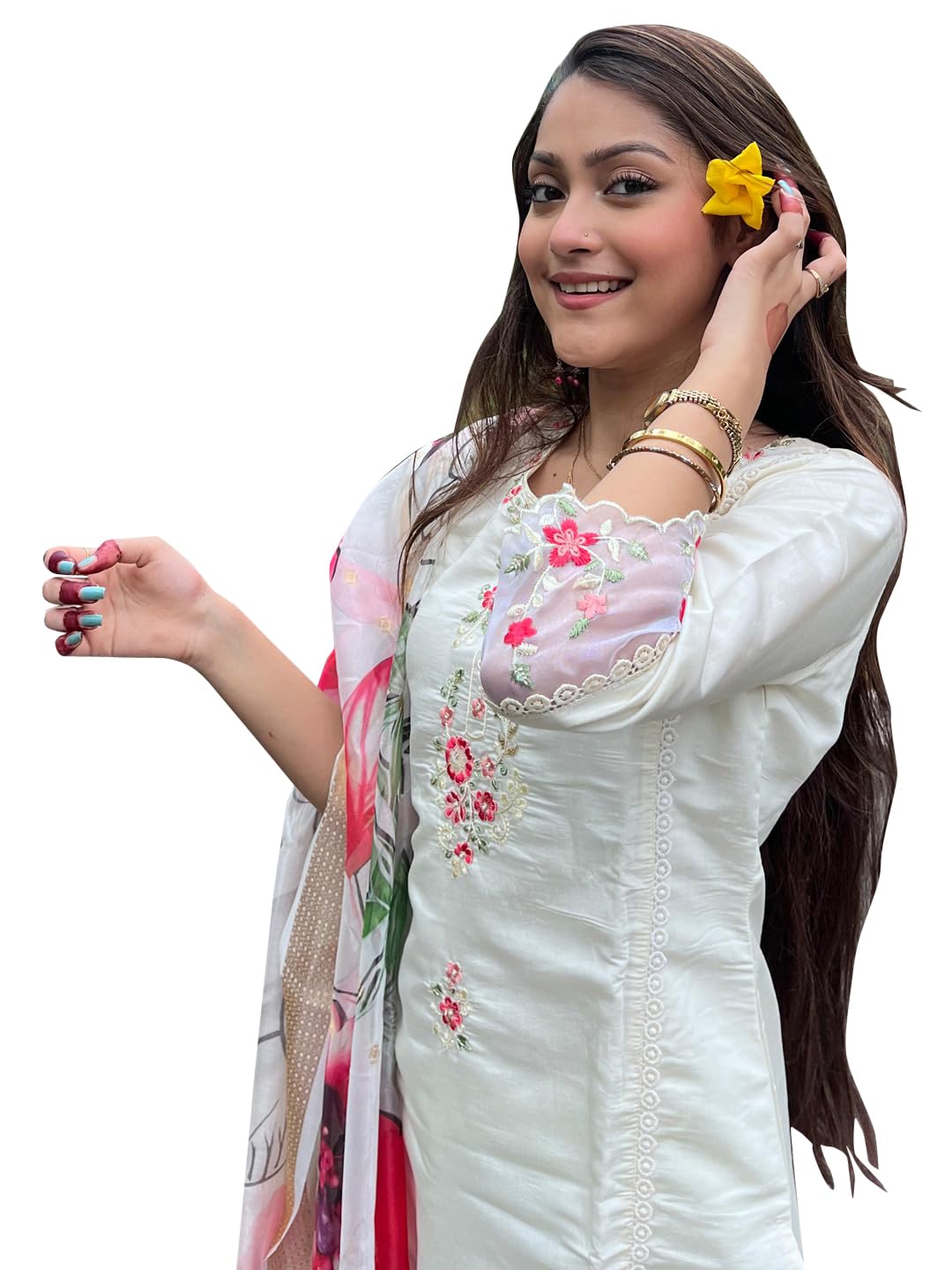 VredeVogel Kurta Set with Dupatta | Viscose Roman Silk Embroidered Kurta Set for Women | Women's Ethnic Casual Straight Fit Kurti Set |Kurta Pant Festive Suit (White_Small)