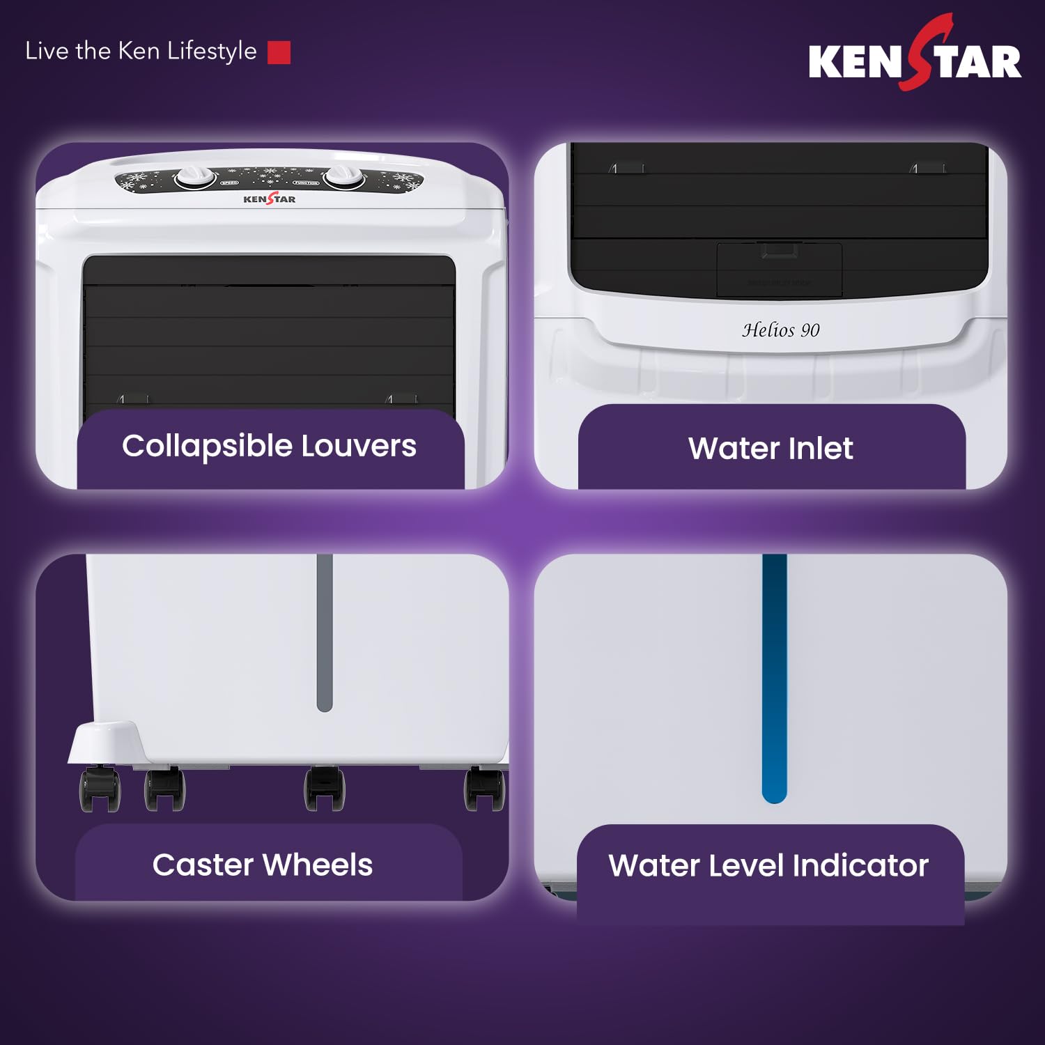 Kenstar Helios HC 90 Desert Air Cooler 90L|5 Star BEE Rated|5 Year Motor & Pump Warranty |50 ft Air Throw I Honeycomb Cooling|3-Speed | Water Level Indicator | Collapsible Louvers I Off White & Black