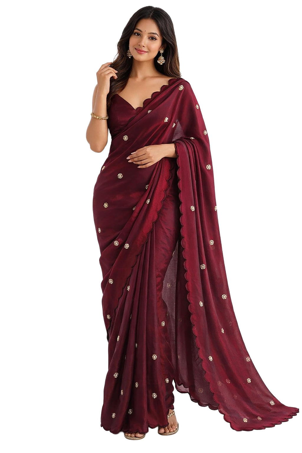 ANANT DESIGNER STUDIO Women's Pure Fandy Satin Sequin Embroidered work Saree with Dupion Unstitched Blouse Piece (Maroon)