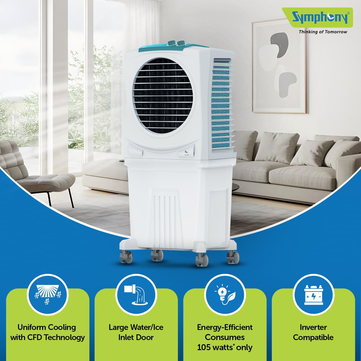 Symphony Ice Cube 40XL Room Air Cooler | Powerful fan | 3-Side Honeycomb Pads | CFD Technology | 1-Year Warranty