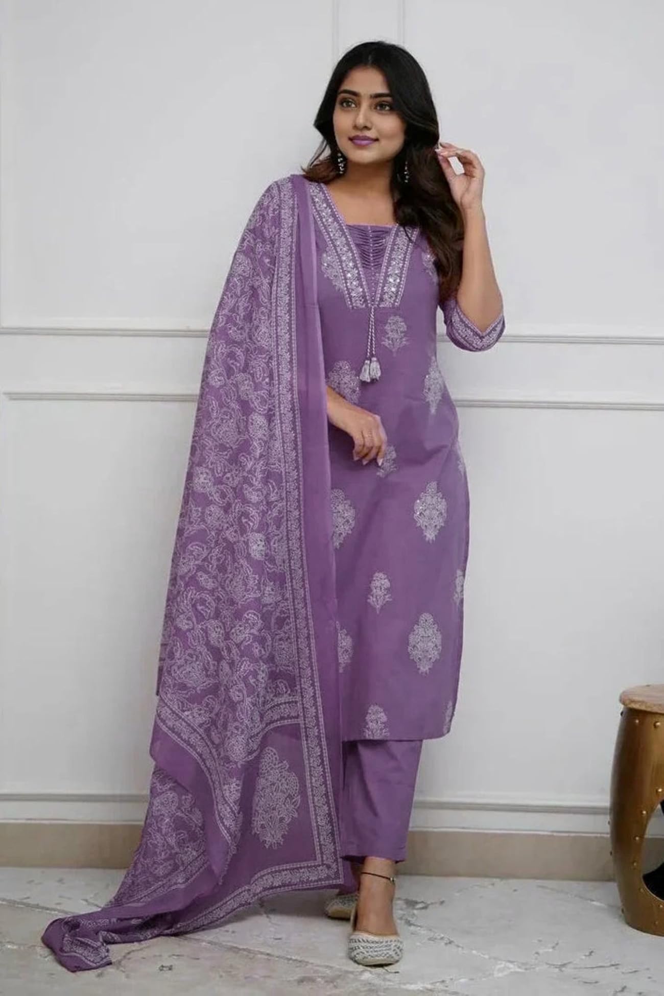 PARTHVI Women's Pure Cotton Printed with Handwork Kurta with Pants and Dupatta Set, Wedding Ethnic Suit Set, P-1079, Purple, L