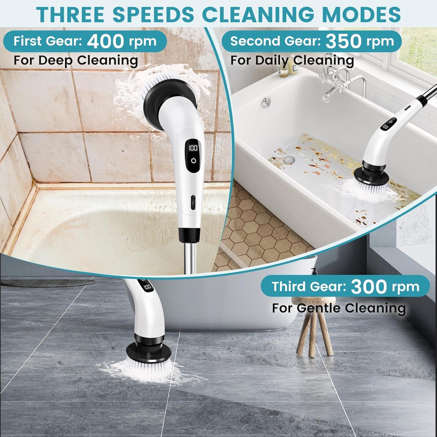 DADLM® 9 in 1 Electric Spin Scrubber,Cleaning Brush Scrubber for Home, 400RPM/Mins-9 Replaceable Brush Heads-90Mins Work Time,Adjustable Size,2 Adjustable Speeds for Bathroom Shower (1)