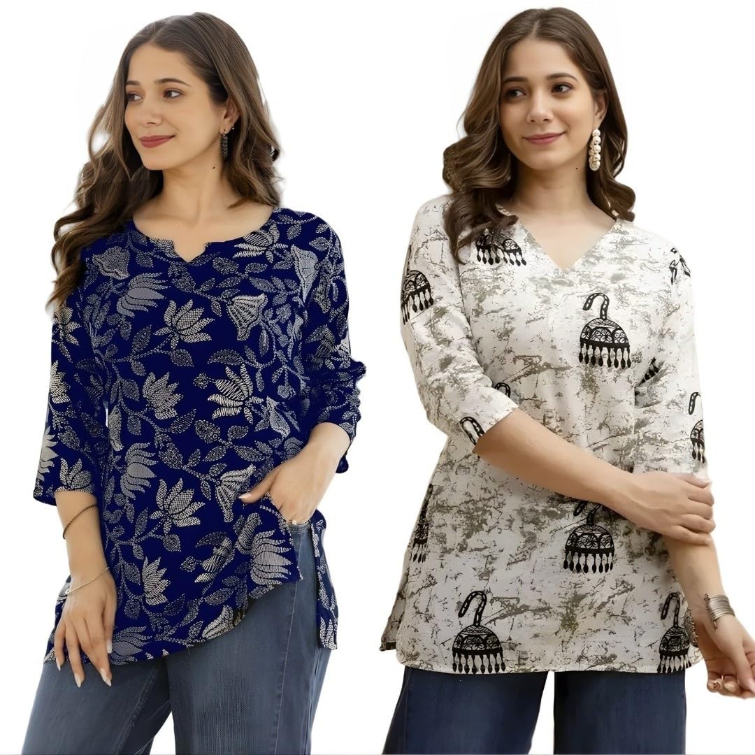 MS VHCK ENTERPRISE Women's Cotton Printed Short Kurti, Round Neck, Three Quarter Sleeve, Straight Fit, Pack of 2 (in, Alpha, 2XL, Slim Girls, Combo- 1)