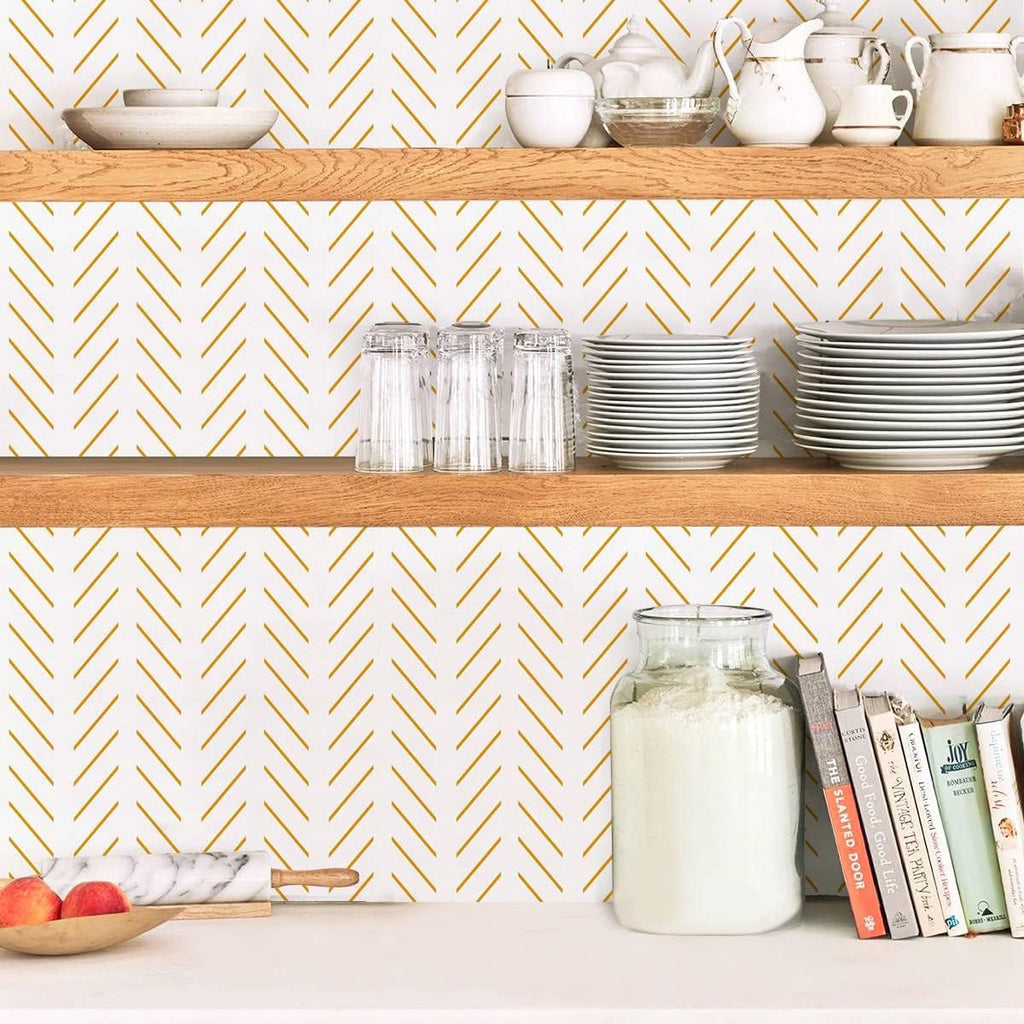 TEKCOOL Beige and White Peel and Stick Wallpaper Modern Herringbone Contact Paper Bathroom 17.7inch x 118.1inch Geometric Removable Wall Paper Peel and Stick Self Adhesive Contact Paper
