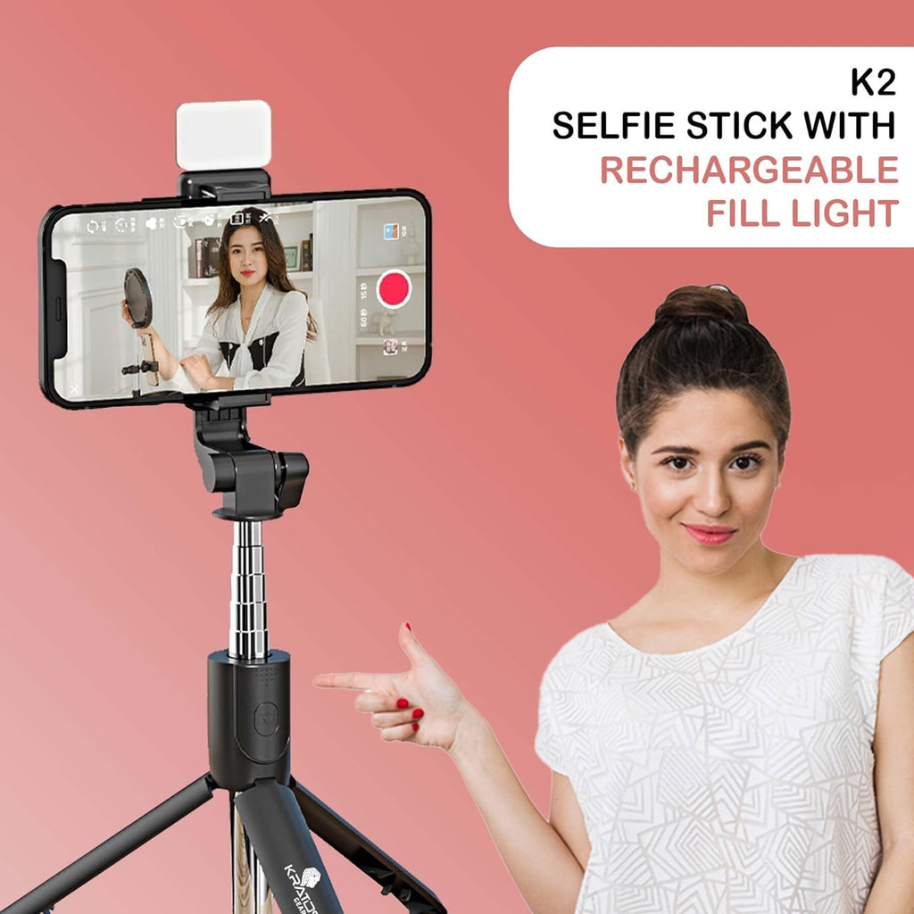 Kratos 28 Inch Selfie Stick Tripod Stand with Light, 3-in-1 Multifunctional Design, Rechargeable LED Light with Two Brightness Levels with Bluetooth Remote for Makeup, Selfie & Photoshoot