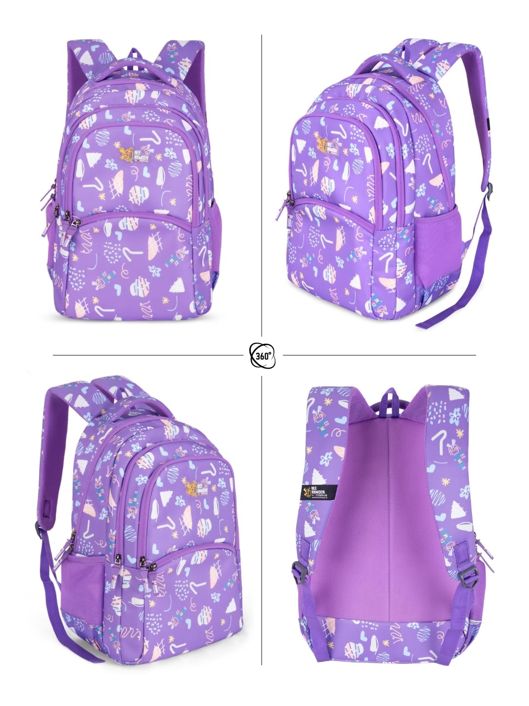 Bee Armour Lyra Sweet Treats 37L School Backpack – Black Ice Cream & Candy Fun Edition | For Kids (Girls & Boys) (Purple)