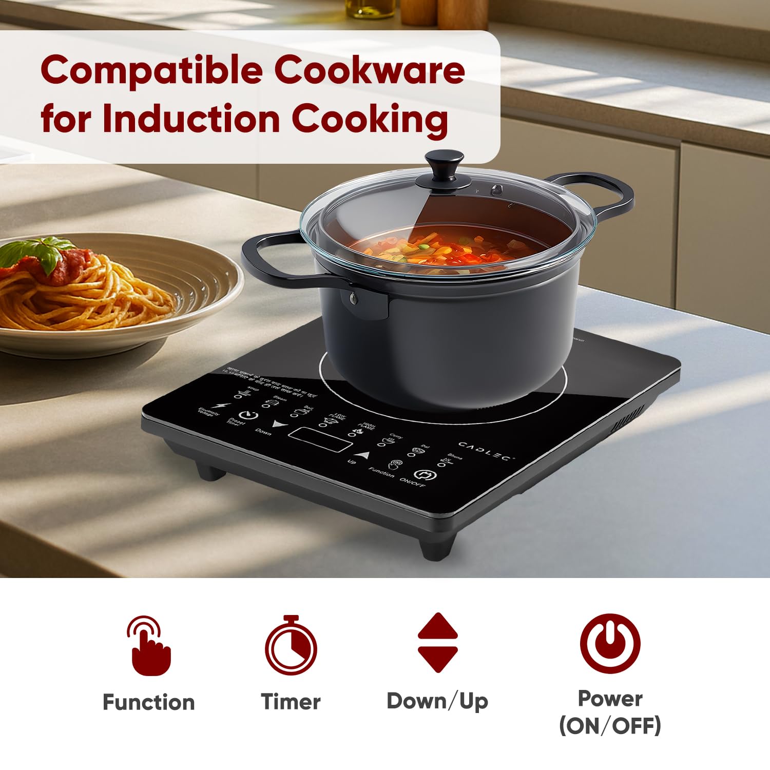 Cadlec CookXpert 2000W Induction Cooktop | Feather Touch Control | 8 Preset Menus | Auto Cut-Off | High Power Induction Stove | BIS Approved | Black | 2-Year Warranty