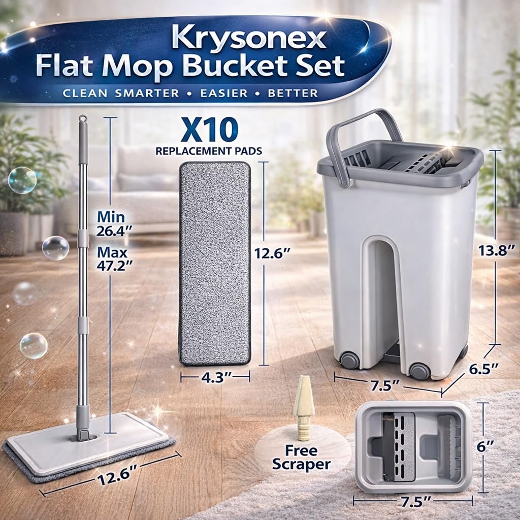 Krysonex - Flat Mop with Bucket for Home Floor Cleaning | Wash & Dry System | Easy Water Control | Home Kitchen Bathroom Cleaning Tool