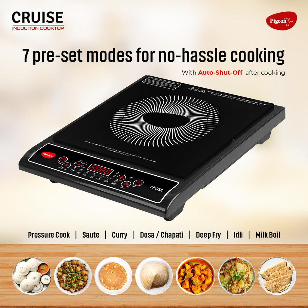 Pigeon by Stovekraft Cruise 1800 watt Induction Cooktop With Crystal Glass,7 Segments LED Display, Auto Switch Off - Black