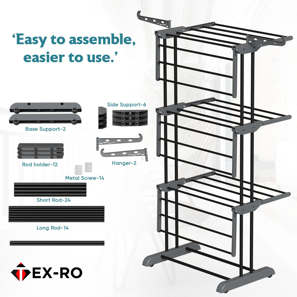 TEX-RO Metal Clothes Drying Stand Foldable with Wheels – 3-Tier Cloth Dryer Stand for Balcony, Bedroom & Indoor Outdoor | Heavy Duty Hanger Stand for Clothes Hanging, Dress Drying Rack - Grey