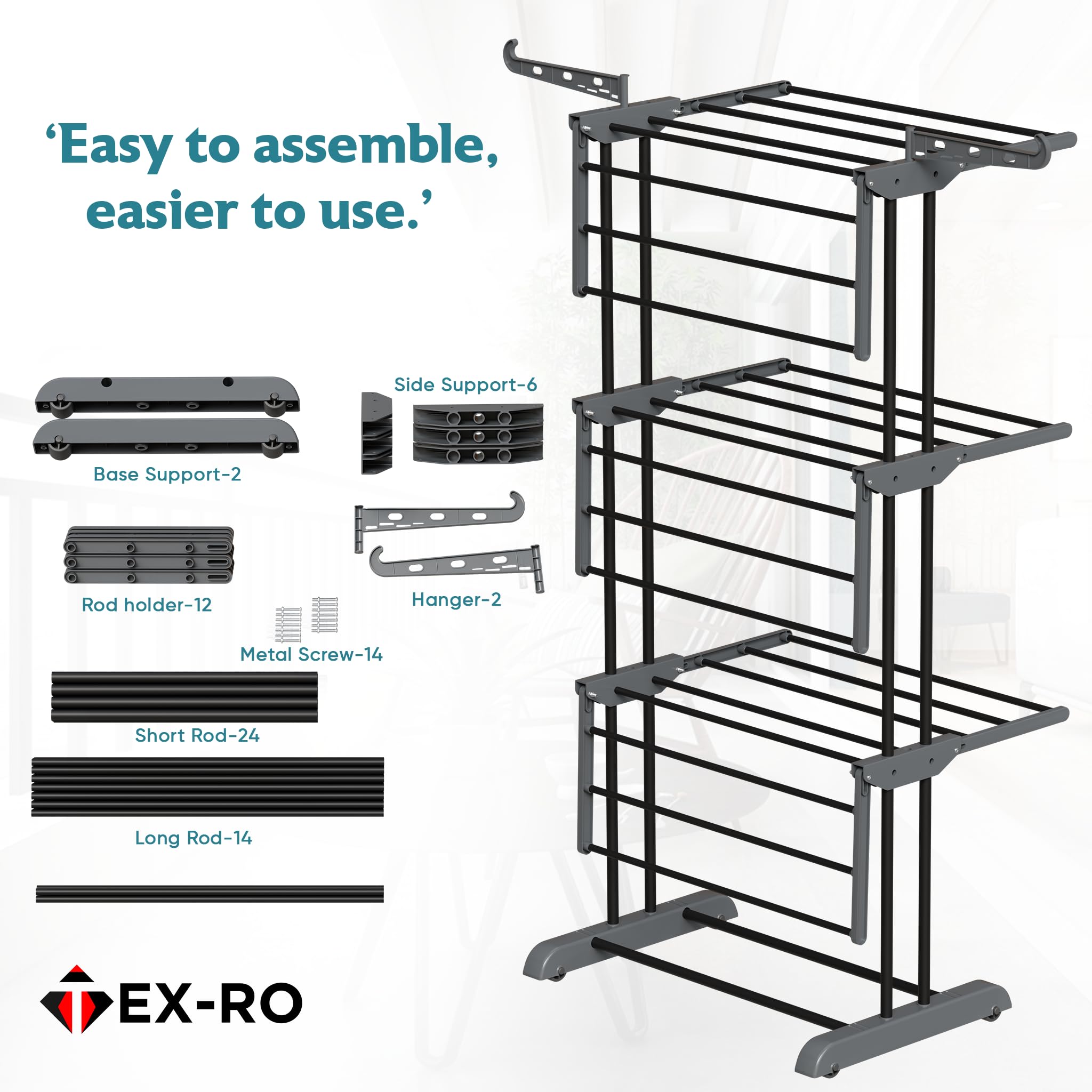 TEX-RO Metal Clothes Drying Stand Foldable with Wheels – 3-Tier Cloth Dryer Stand for Balcony, Bedroom & Indoor Outdoor | Heavy Duty Hanger Stand for Clothes Hanging, Dress Drying Rack - Grey