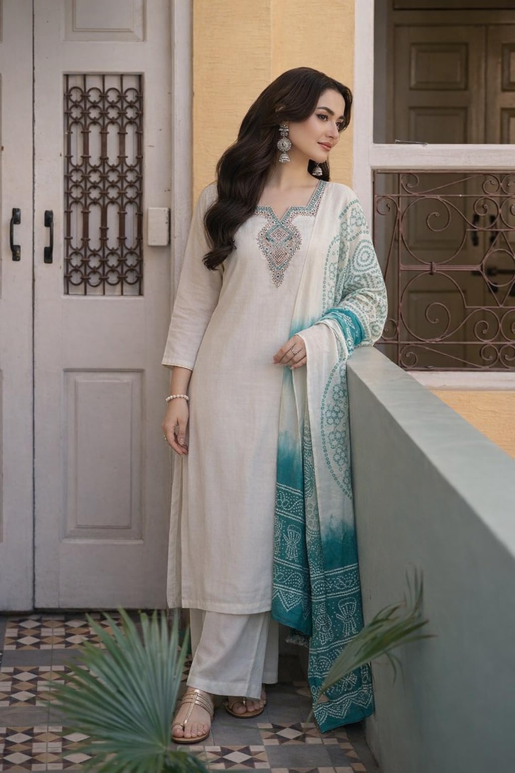 ANNI Designer Women's Viscose Blend Embroidery Straight Kurta with Palazzo & Dupatta (YUGITHA White_L_White_Large)