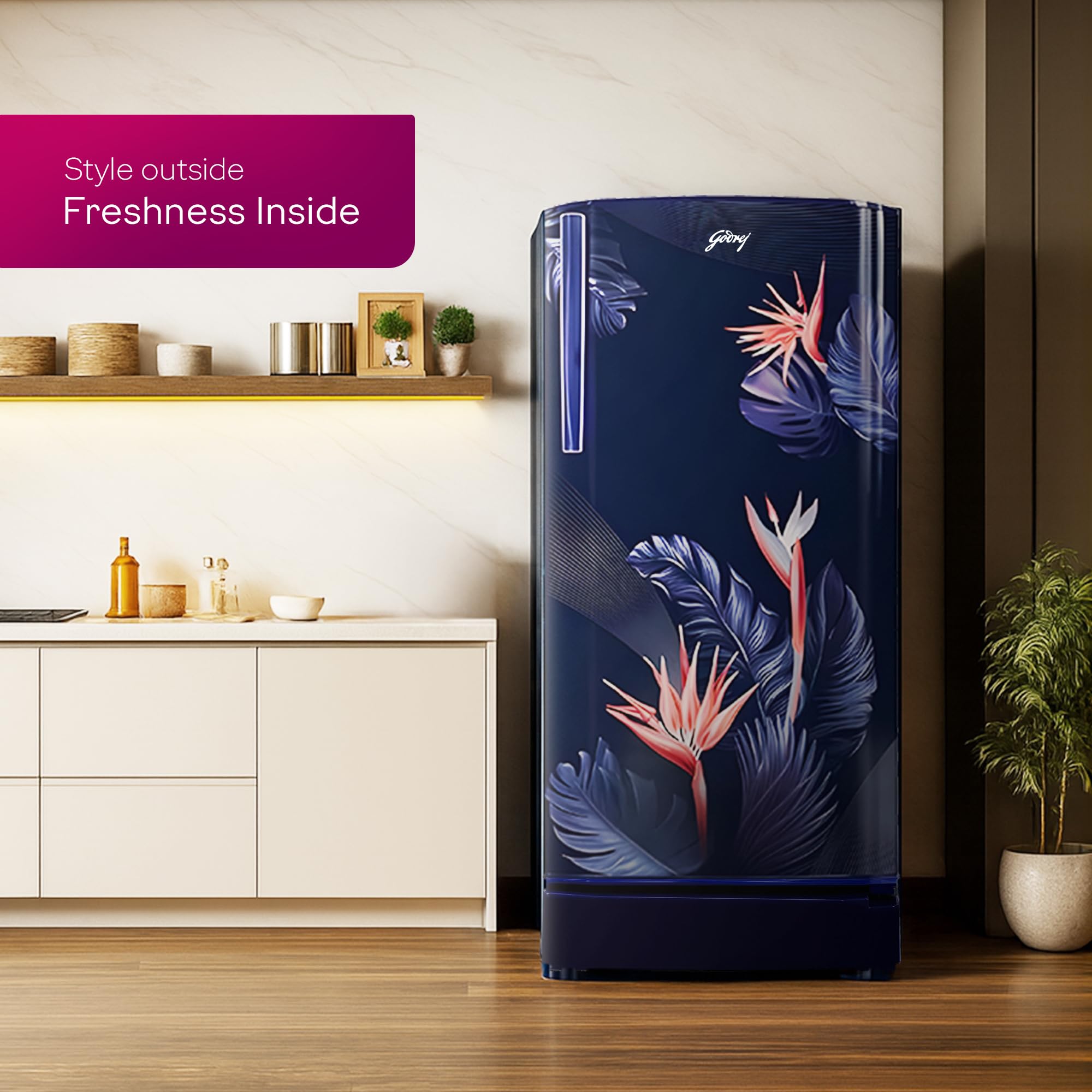 Godrej 183 L 3 Star 5 Years Comprehensive New Launch | Toughened Glass Shelves | 24 Day Farm Freshness | Jumbo Vegetable Tray | Single Door Refrigerator (RD R190CN THF FR BL, Floral Blue)