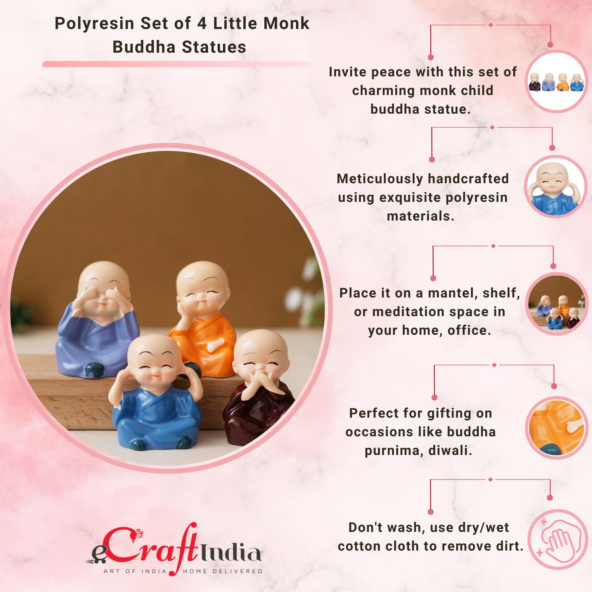 eCraftIndia Resin Set of 4 Little Monk Buddha Statue Think No Evil Speak No Evil Hear No Evil See No Evil Showpiece for Home Decor Living Room Office| Diwali Housewarming Buddha Purnima Birthday Gifts