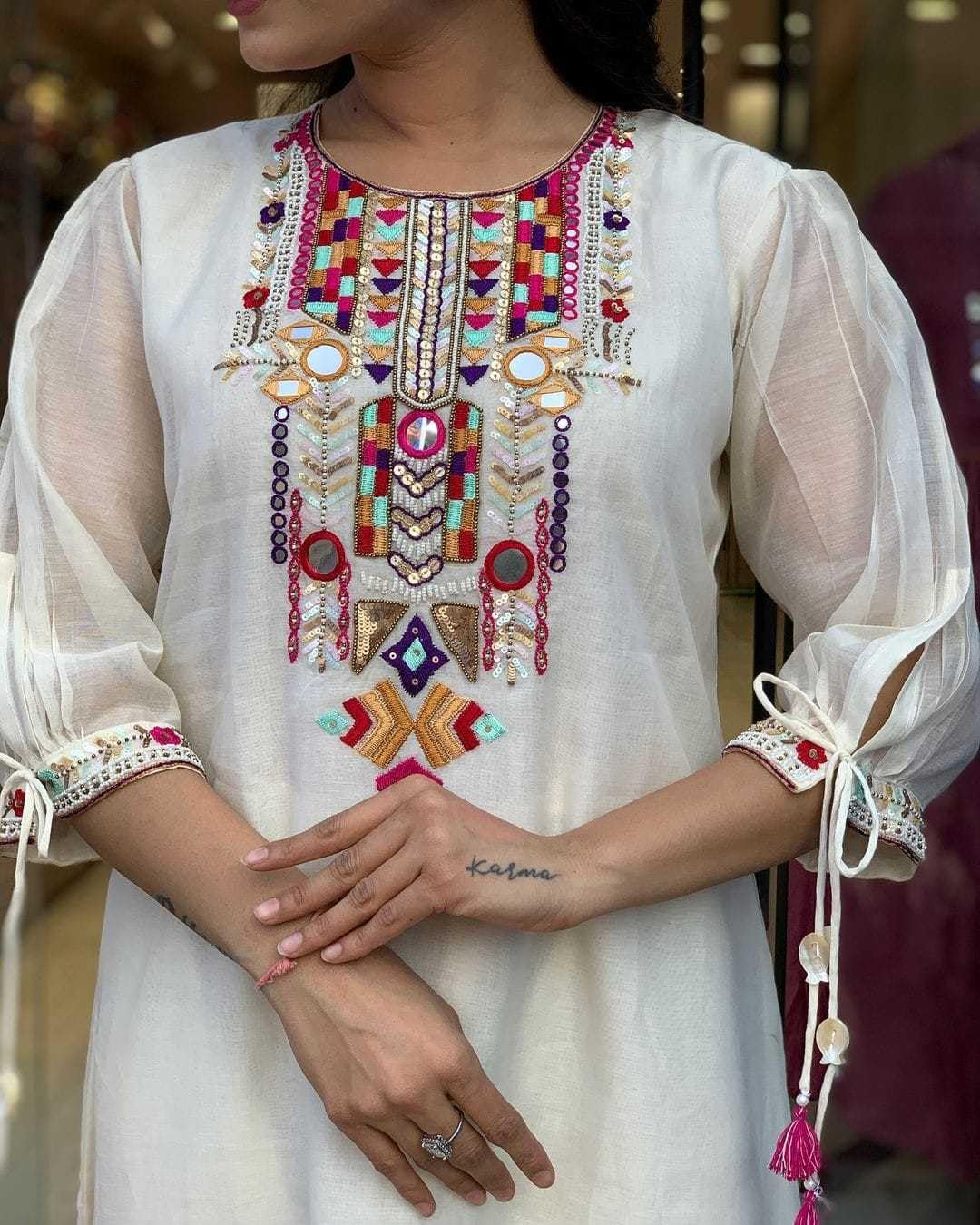 A K SWIFT Women's Cotton Mirror Work Embroidered Straight Kurti With Pant and Dupatta Set (White-L)