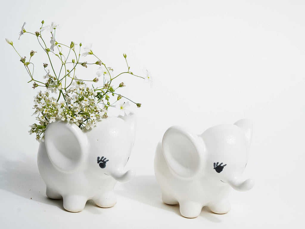 Local Kala's Bestselling Cute Small White Elephant Indoor Planter Plant Pot with Drainage Hole for Table/Desk/Gifting/Garden Size (12 cm X 9 cm) - Without Plant