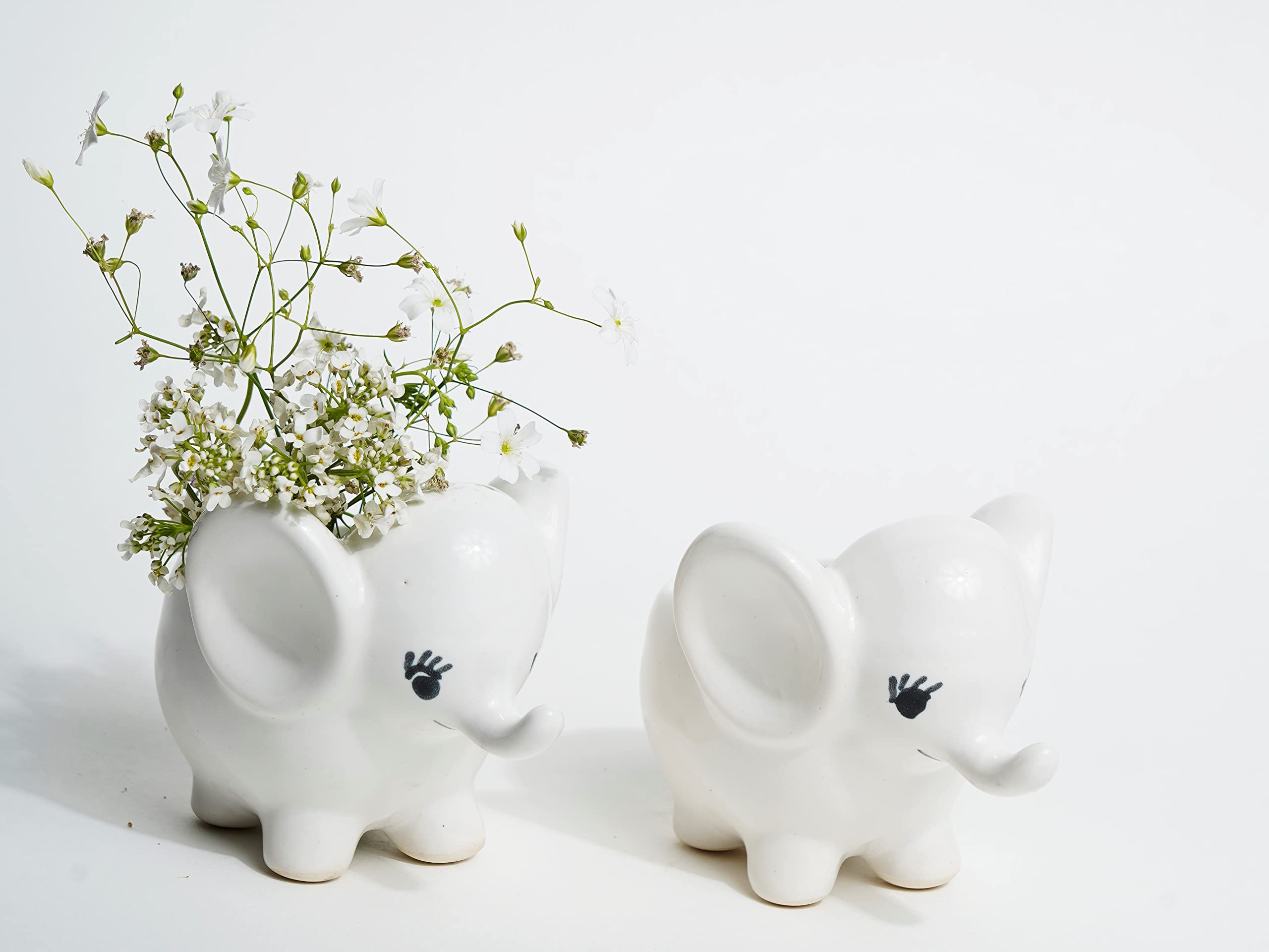 Local Kala's Bestselling Cute Small White Elephant Indoor Planter Plant Pot with Drainage Hole for Table/Desk/Gifting/Garden Size (12 cm X 9 cm) - Without Plant