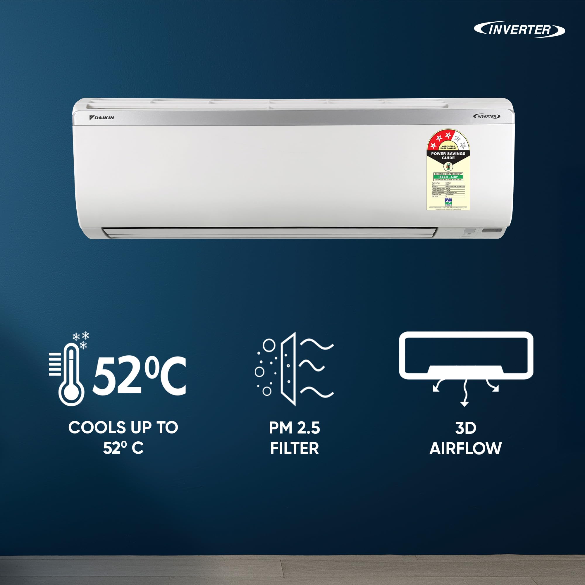 Daikin 1.5 Ton 3 Star, New Star rated, Inverter Split AC (Copper, PM2.5 Filter, MTKL50XV16, White)