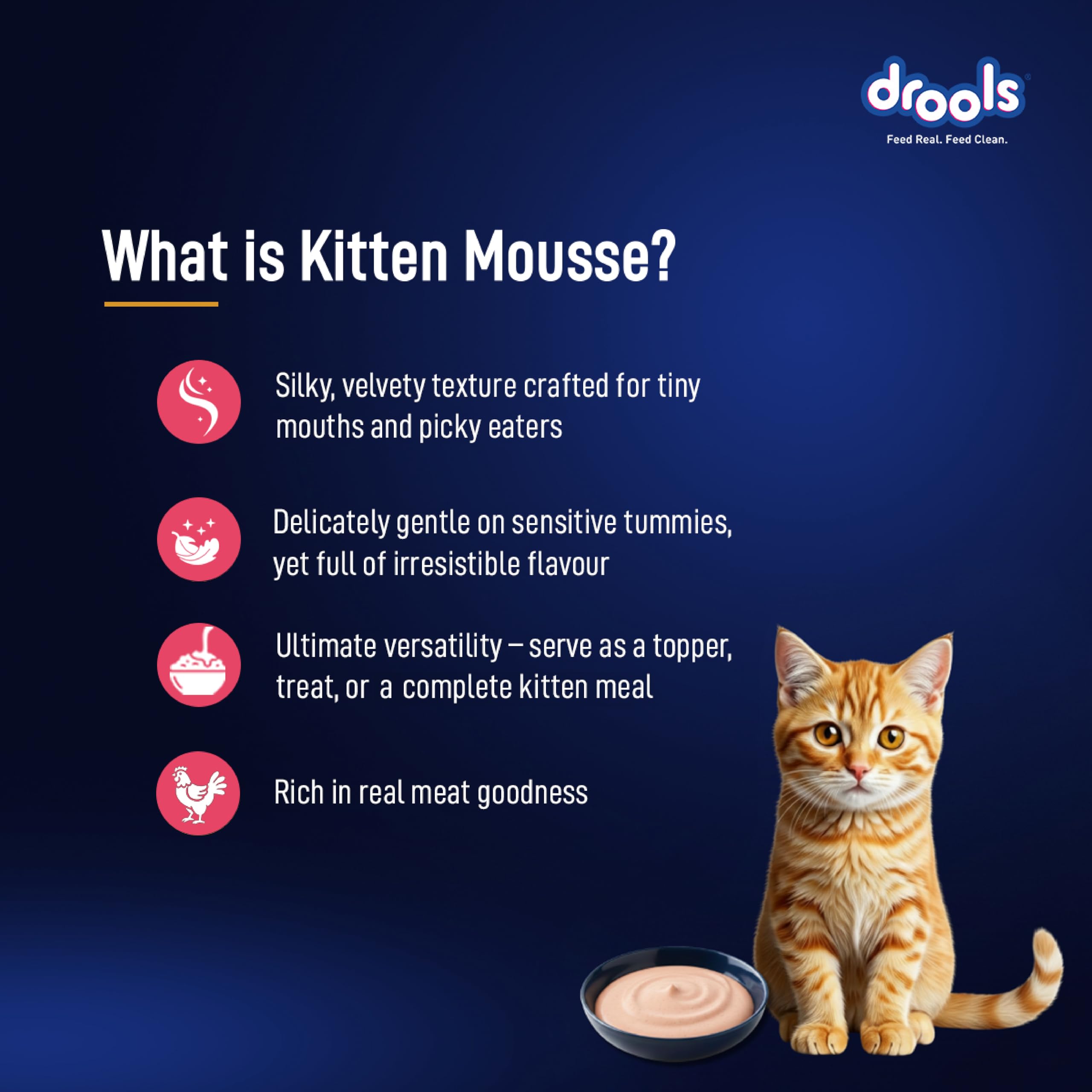 Drools Kitten Wet Mousse 80g Pack of 5, 400g | Salmon Flavour | Rich in Protein | Promotes Hydration & Easy to Digest | No Artificial Flavours | Packed with Essential Vitamins & Antioxidants