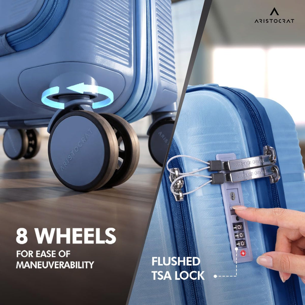 Aristocrat Solana Cabin Trolley Bag 53cm | Small | Hard Luggage | 8-Wheel Suitcase with Laptop Compartment for Business Travel | TSA Lock with Anti-Theft Zipper | 3 Years International Warranty (Blue)