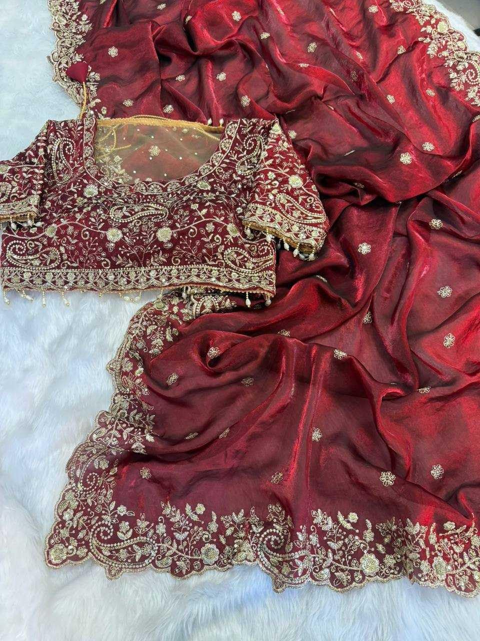 Sareya Veela Designer Sequins and Jari Thread Embroidery Work Saree with Elegant Border and Intricate Cutwork Detailing for Festive Wedding (Maroon)