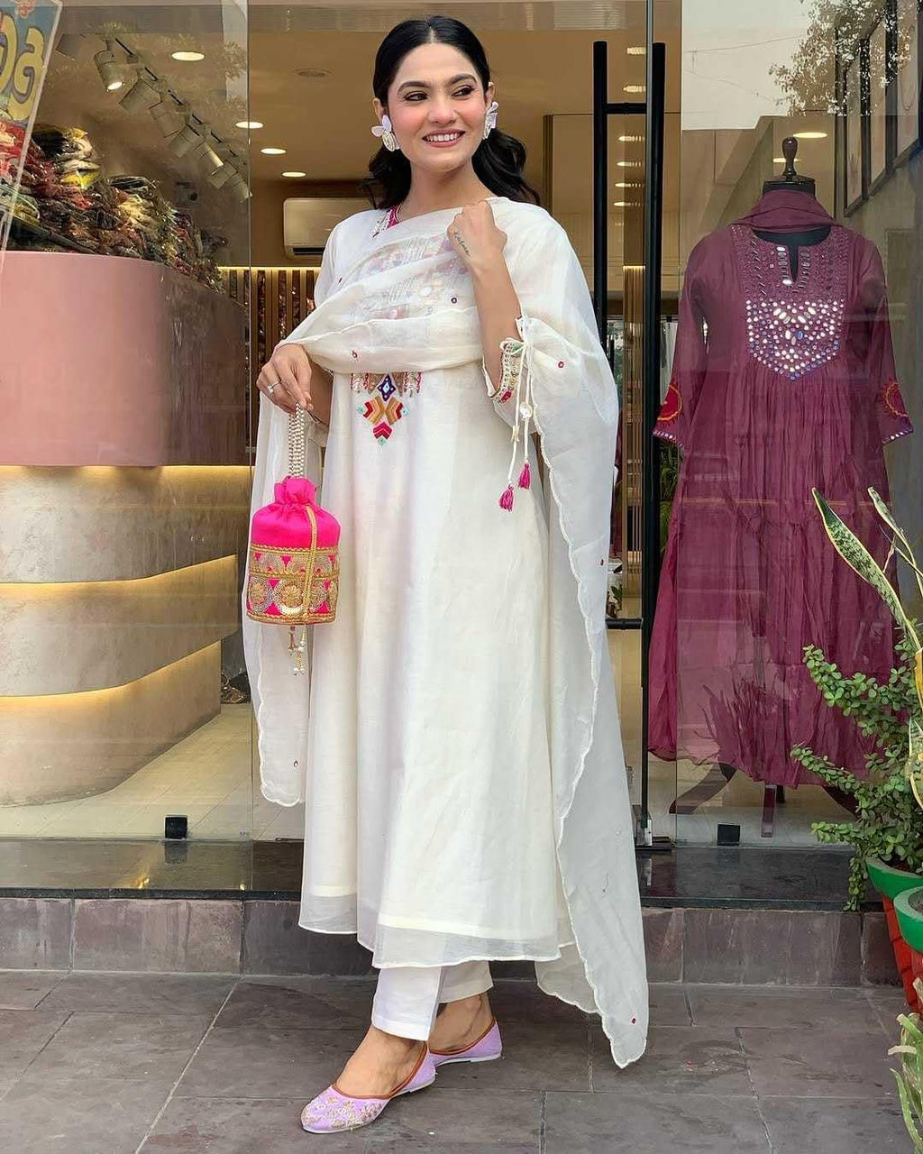 A K SWIFT Women's Cotton Mirror Work Embroidered Straight Kurti With Pant and Dupatta Set (White-L)